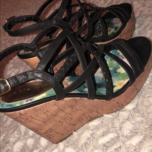 black strappy cork heeled wedges